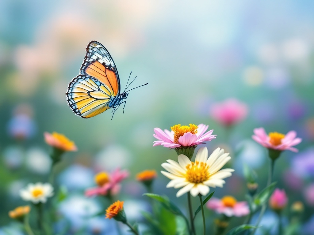 A butterfly hovering over colorful spring flowers in a garden.