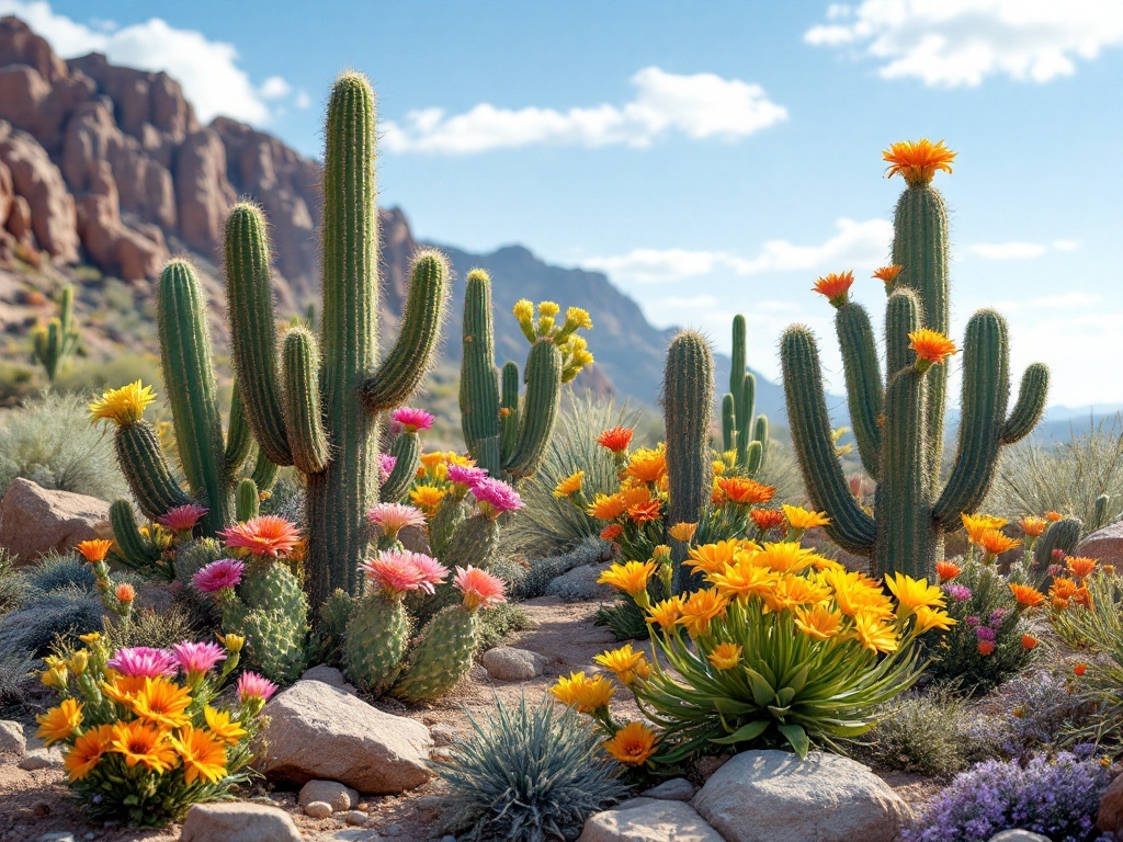 A vibrant display of blooming cacti in a desert landscape, showcasing colorful flowers against a rocky background.