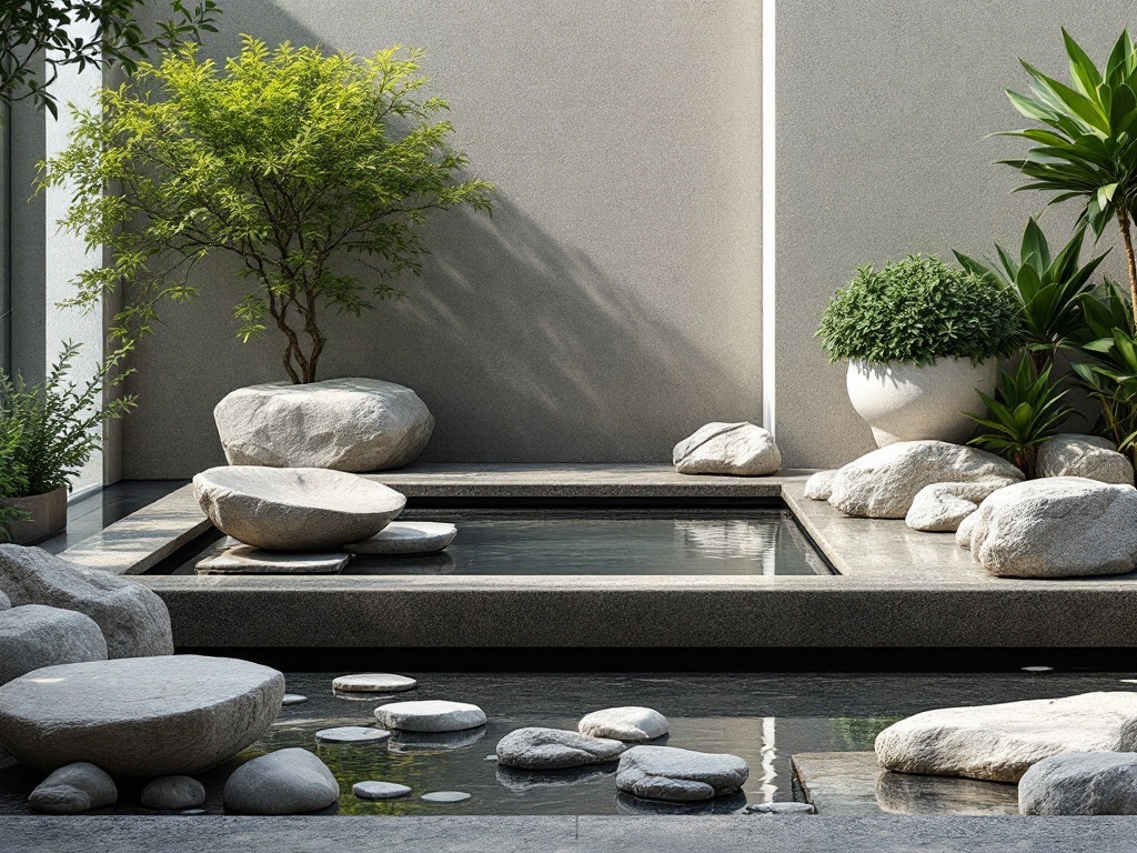 A minimalist garden featuring a serene water feature surrounded by rocks and plants.