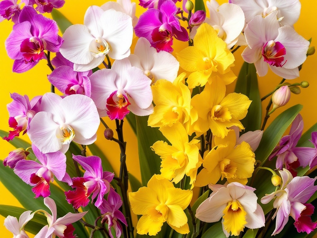 A vibrant display of Phalaenopsis orchids in pink and yellow against a bright yellow background.