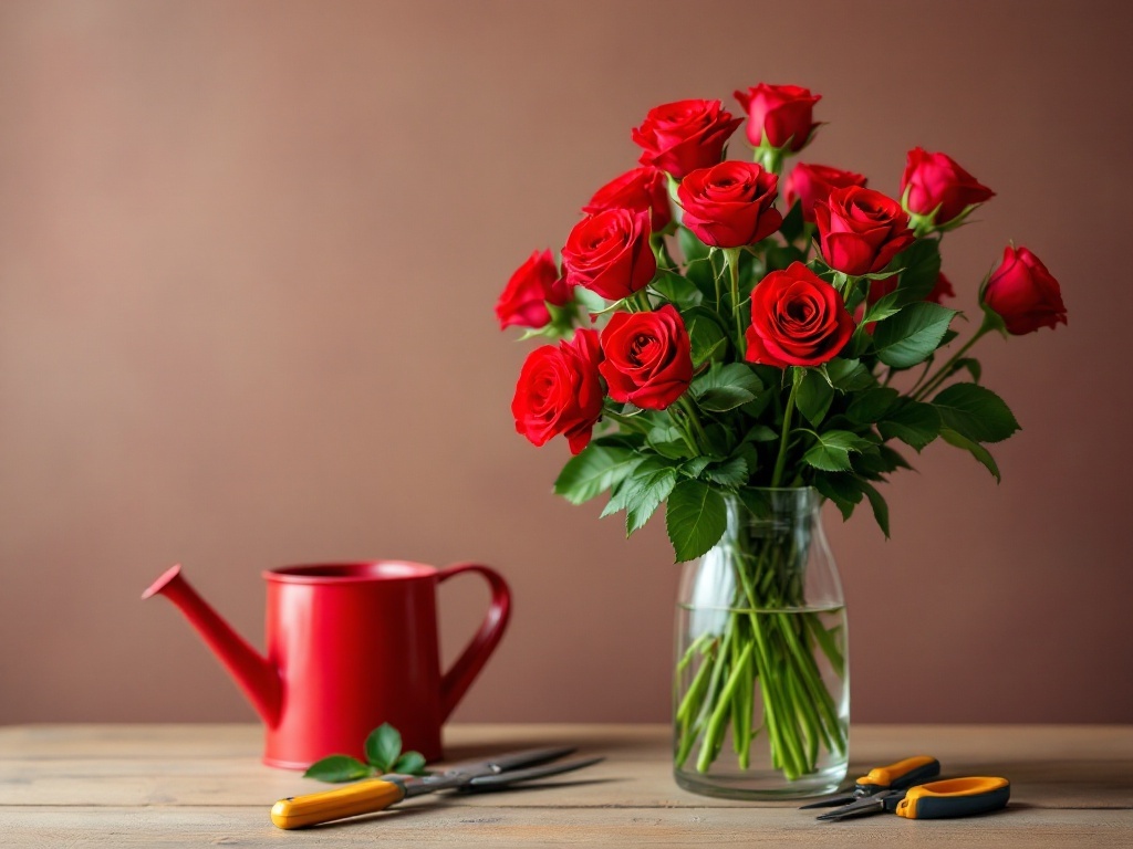 A vibrant bouquet of red roses in a glass vase, accompanied by a watering can and garden shears on a wooden table
