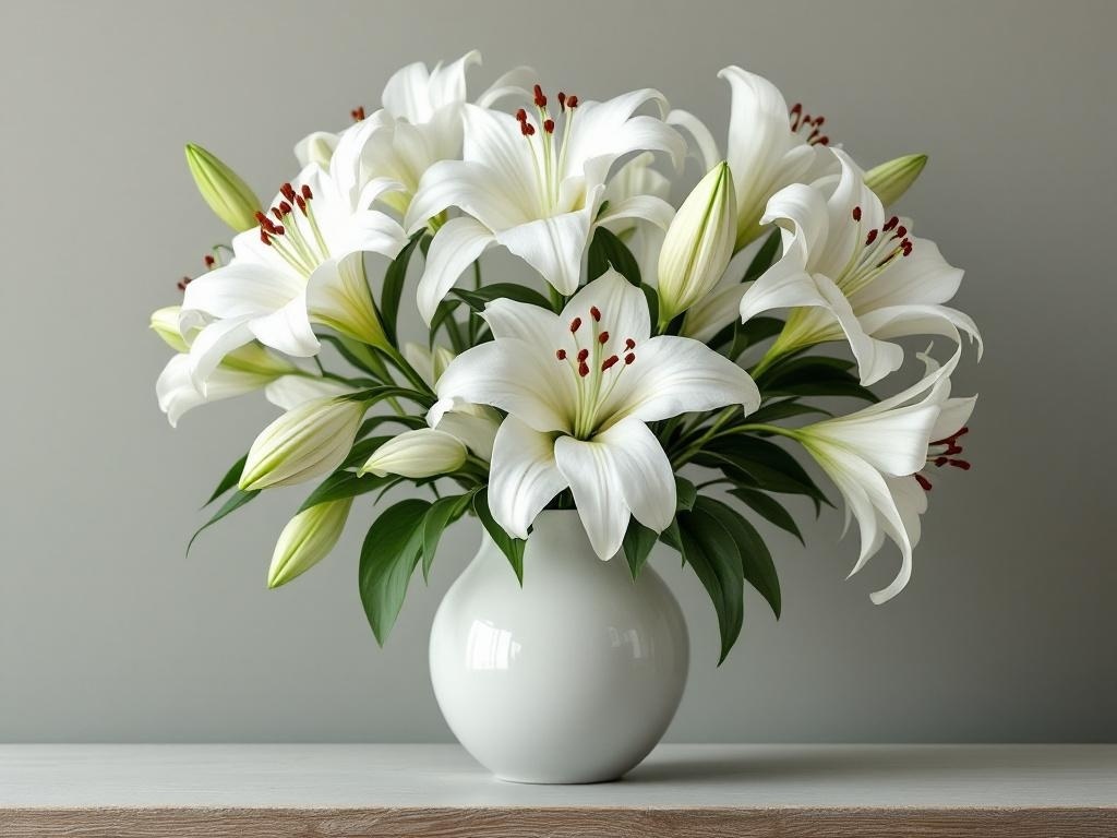 A beautiful bouquet of white lilies in a white vase.
