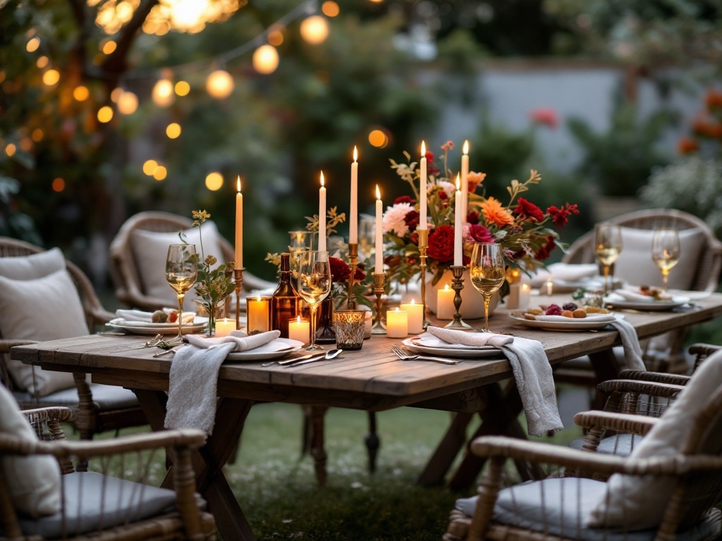 Charming outdoor dining area with a wooden table, candles, and flowers.