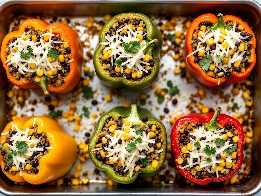 Colorful stuffed bell peppers filled with quinoa, black beans, and corn, topped with cheese and cilantro.