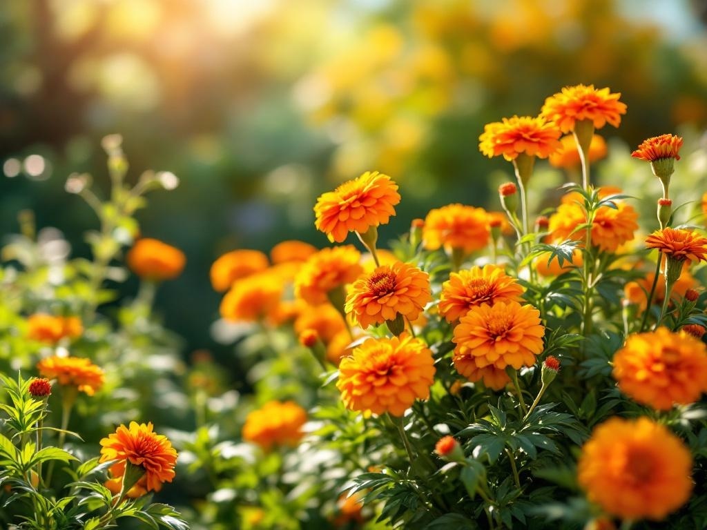 A vibrant display of marigold flowers in orange and yellow hues, blooming under sunlight.