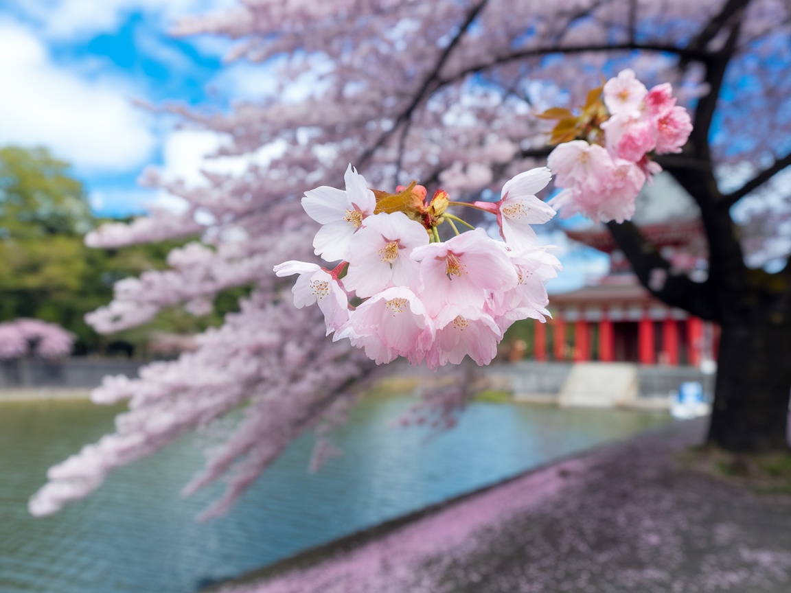 Branches of pink cherry blossoms with a traditional structure in the background by a waterway.