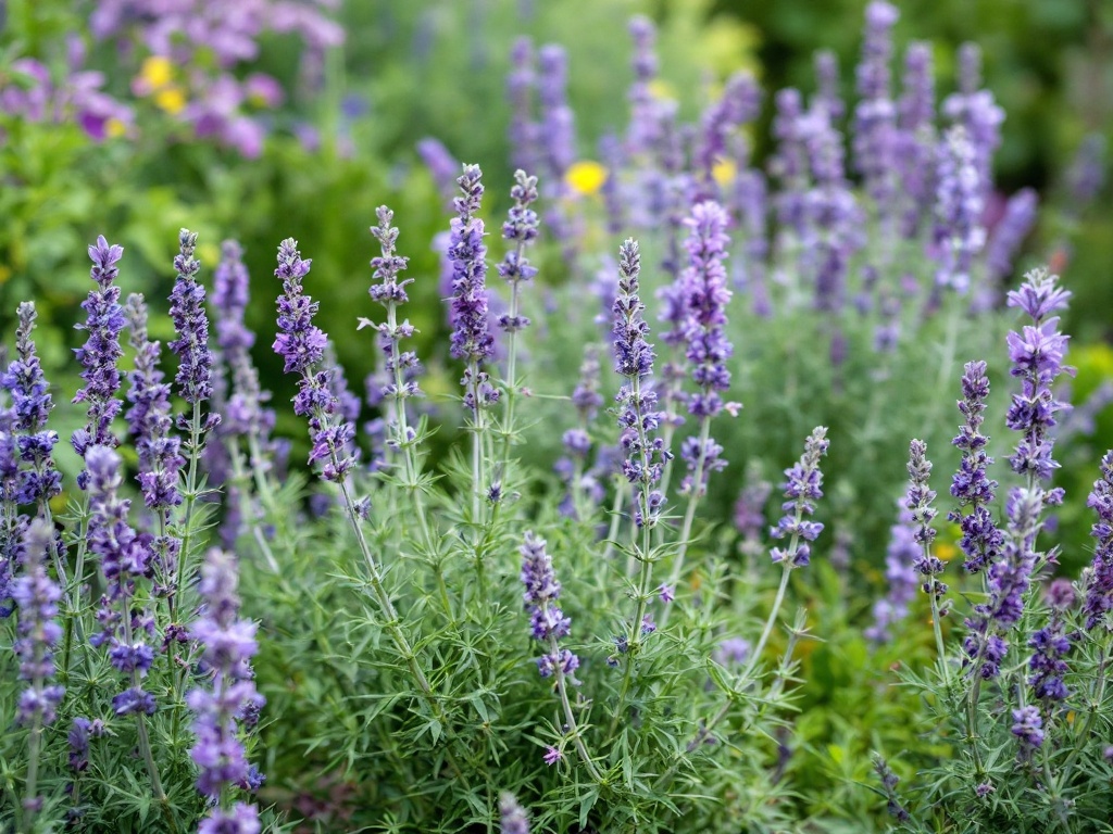 Beautiful lavender plants in a garden, showcasing various purple hues and green leaves.