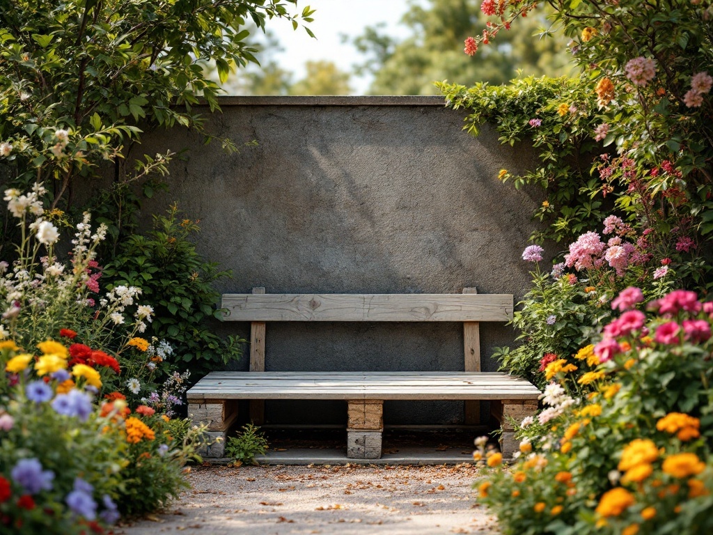 A wooden pallet bench surrounded by colorful flowers in a garden setting.