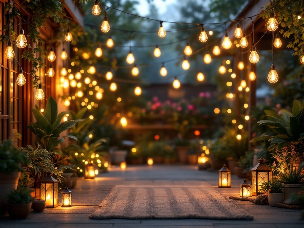 A beautifully decorated patio with string lights and lanterns creating a warm atmosphere.