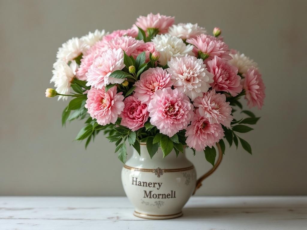 A classic arrangement of pink and white carnations in a decorative vase.