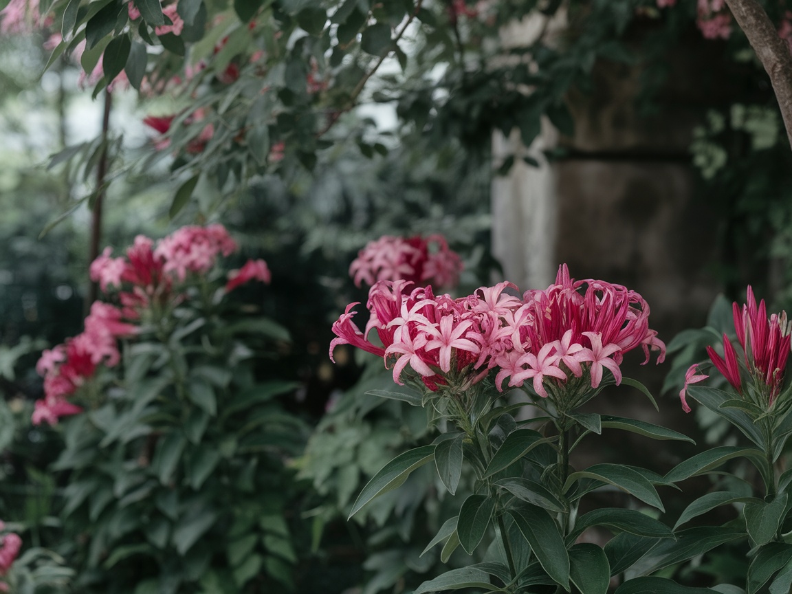 A close-up of vibrant pink Clivia flowers surrounded by lush green foliage