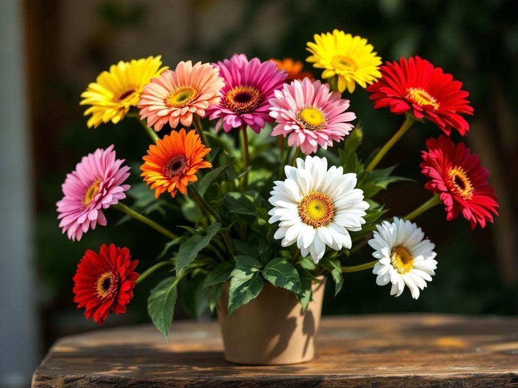 A vibrant bouquet of colorful gerbera daisies in various shades including red, pink, orange, yellow, and white.