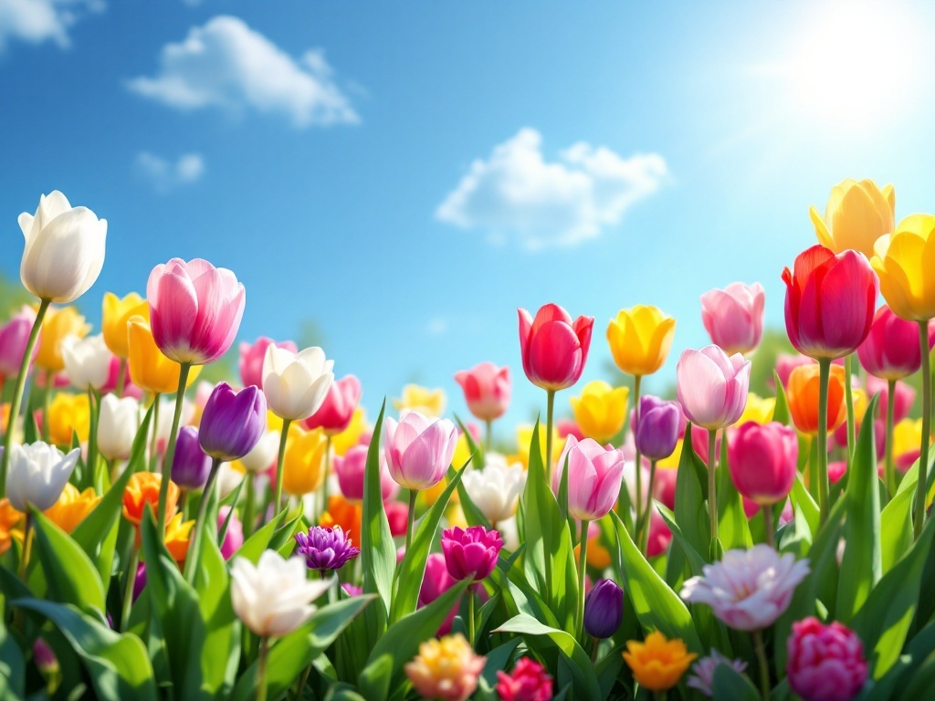 A vibrant field of colorful tulips, including shades of red, yellow, pink, and white under a bright blue sky.