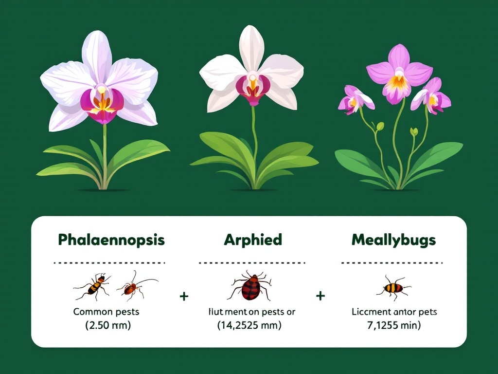 Illustration showing Phalaenopsis orchids along with common pests like aphids and mealybugs.