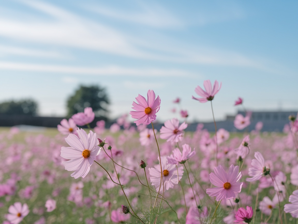 A field of pink cosmos flowers under a clear blue sky.