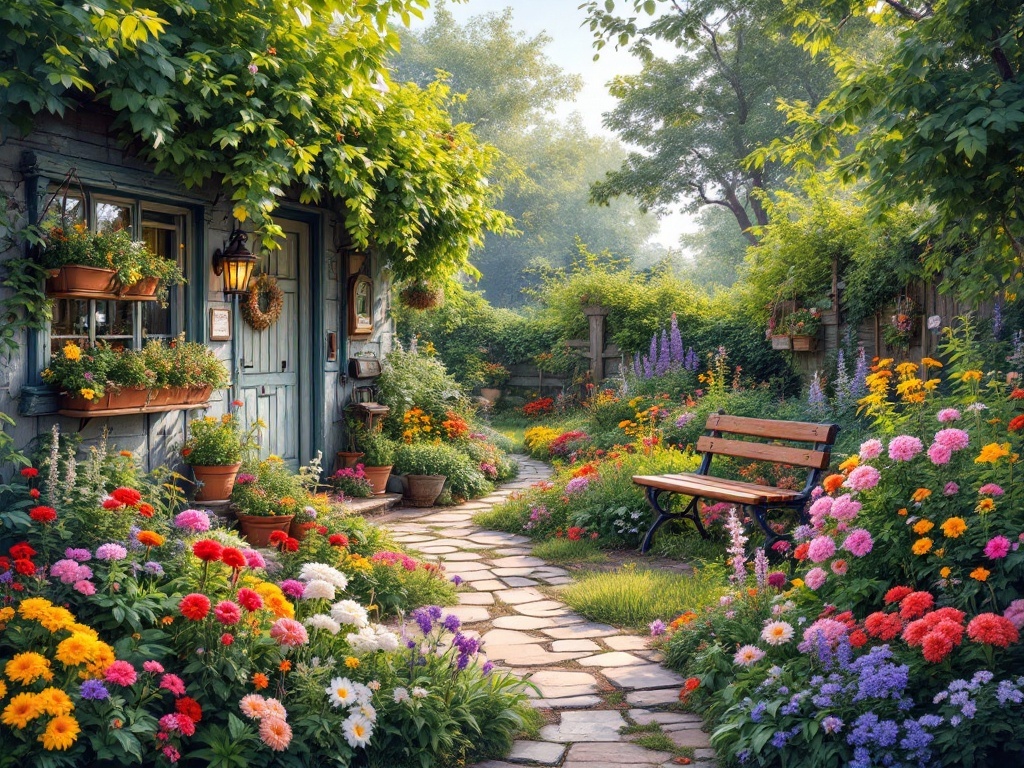 A picturesque cottage garden with colorful flowers, a stone path, and a wooden bench.