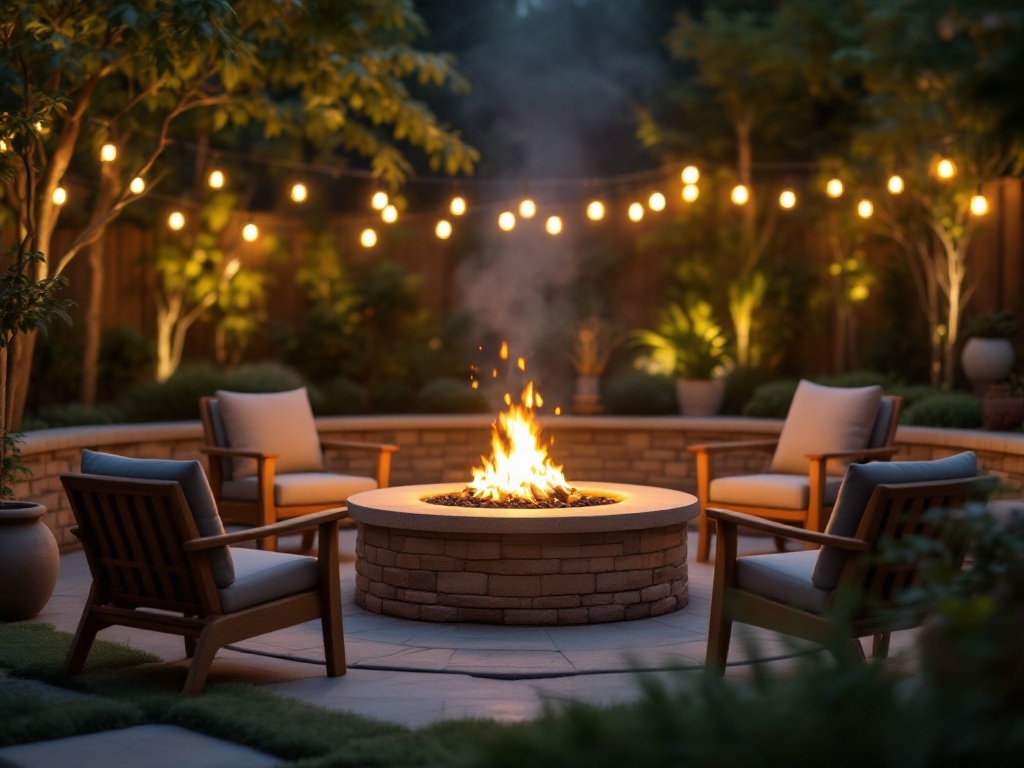 Cozy fire pit surrounded by chairs and string lights in a backyard.