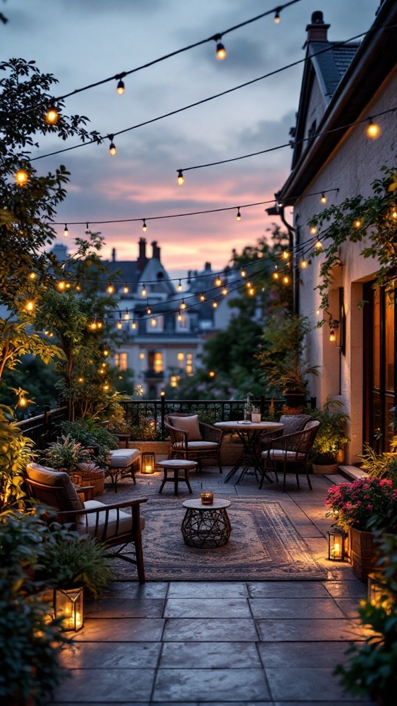 A cozy terrace garden illuminated with string lights and lanterns, featuring seating, plants, and a warm ambiance.