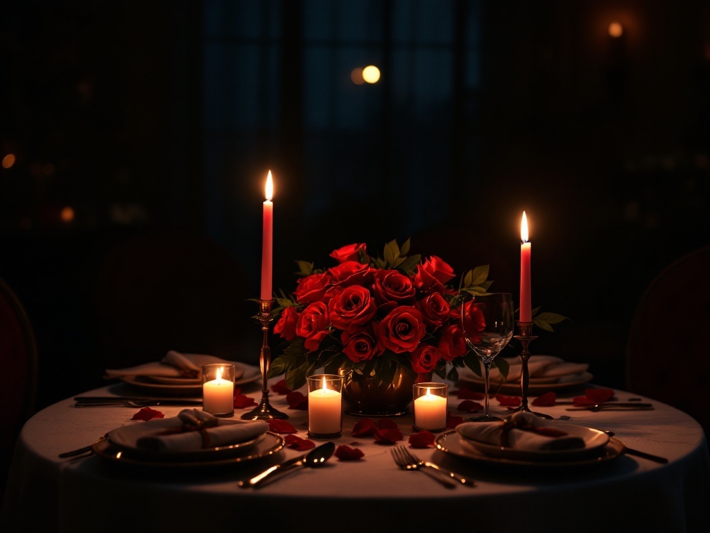 A romantic dinner table set with a bouquet of red roses, candles, and elegant tableware