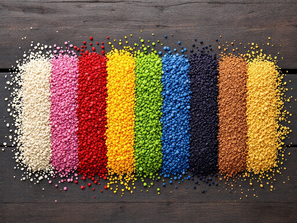 An assortment of colorful seeds arranged in rows on a dark background.