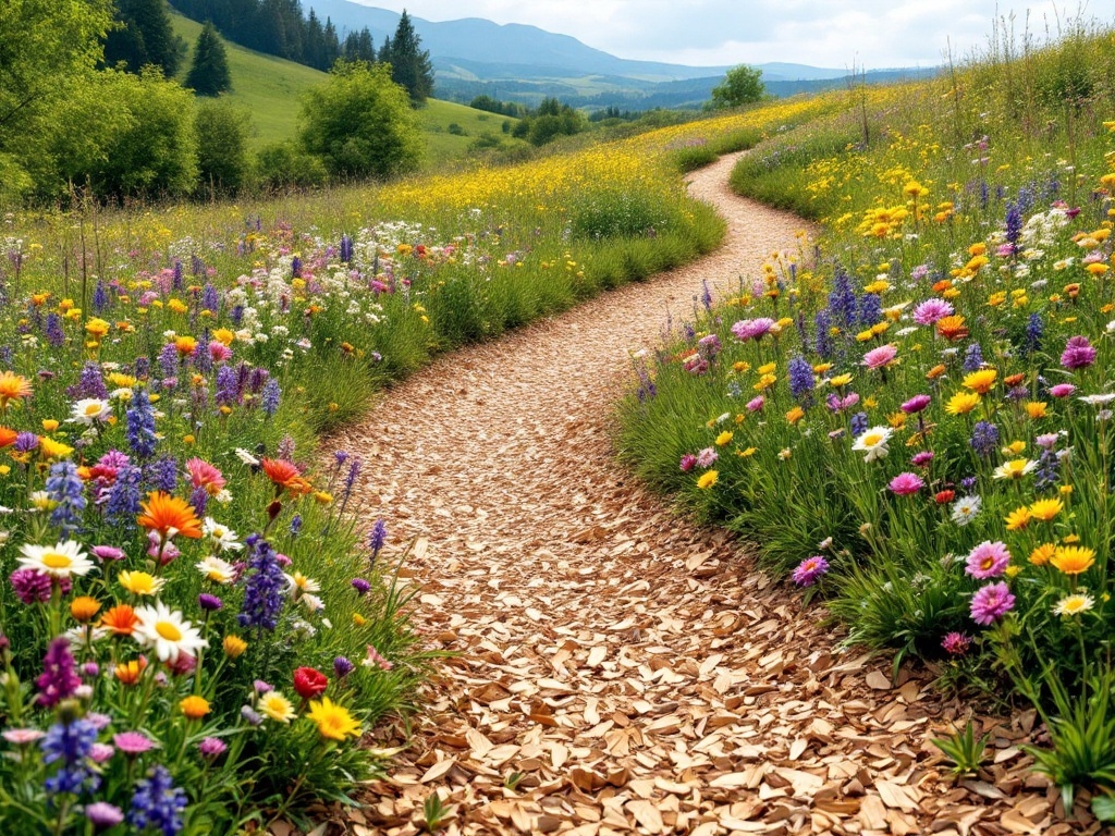 A winding pathway through a colorful wildflower meadow, flanked by various blooming flowers.