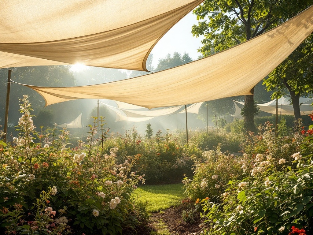 A garden with shade cloths creating shaded areas for plants.