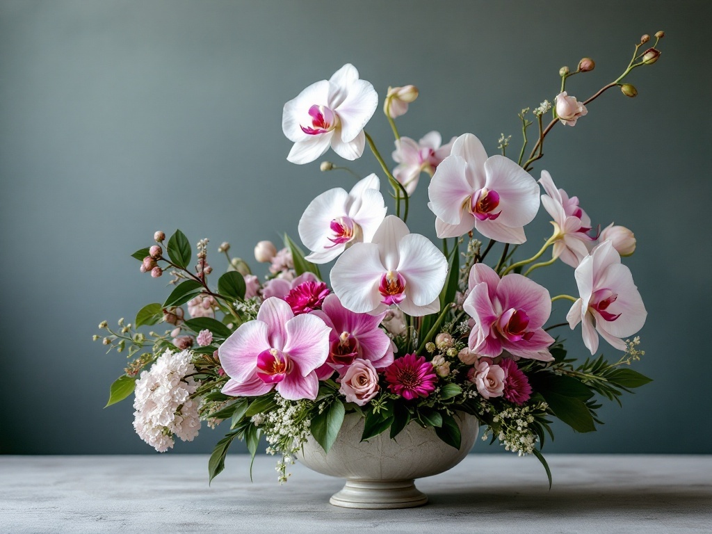A beautiful arrangement of pink and yellow Phalaenopsis orchids with roses and daisies