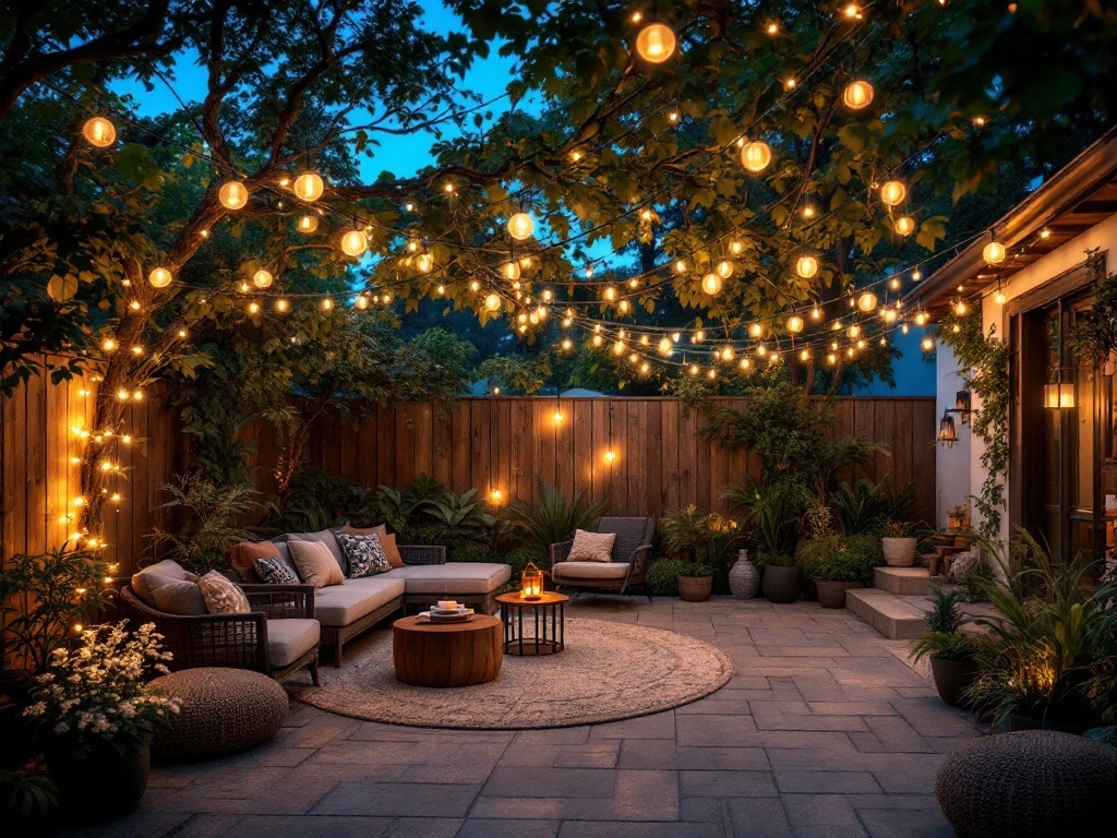A cozy patio with string lights and comfortable seating, perfect for creating different zones.