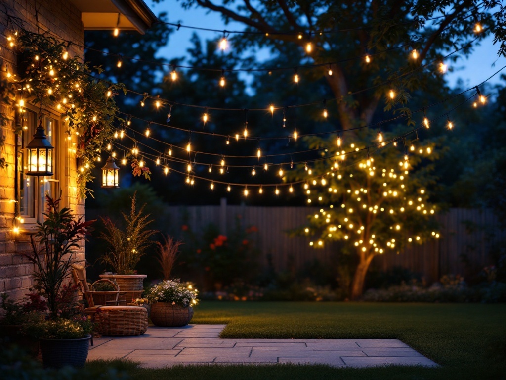 A beautifully lit patio with string lights and lanterns, creating a cozy atmosphere