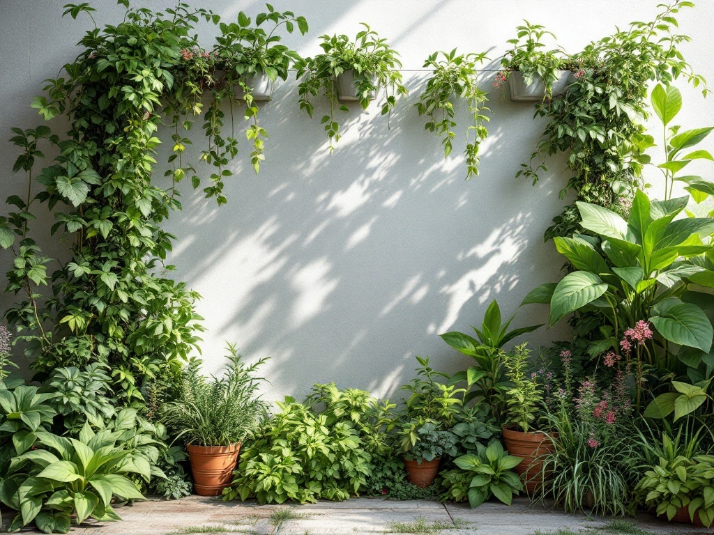 Vertical garden with climbing plants and potted greenery against a wall