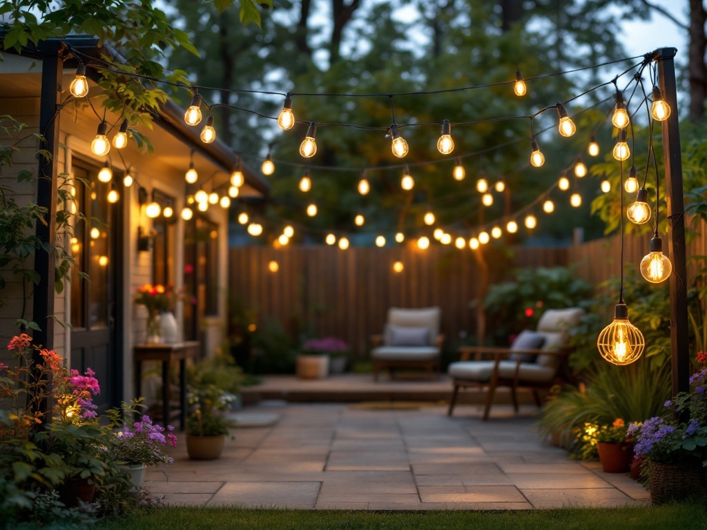 A beautifully lit patio with string lights hung above a seating area, surrounded by flowers and greenery.