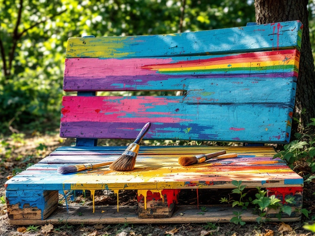 A colorful pallet garden bench with paint brushes laid on it, surrounded by greenery.
