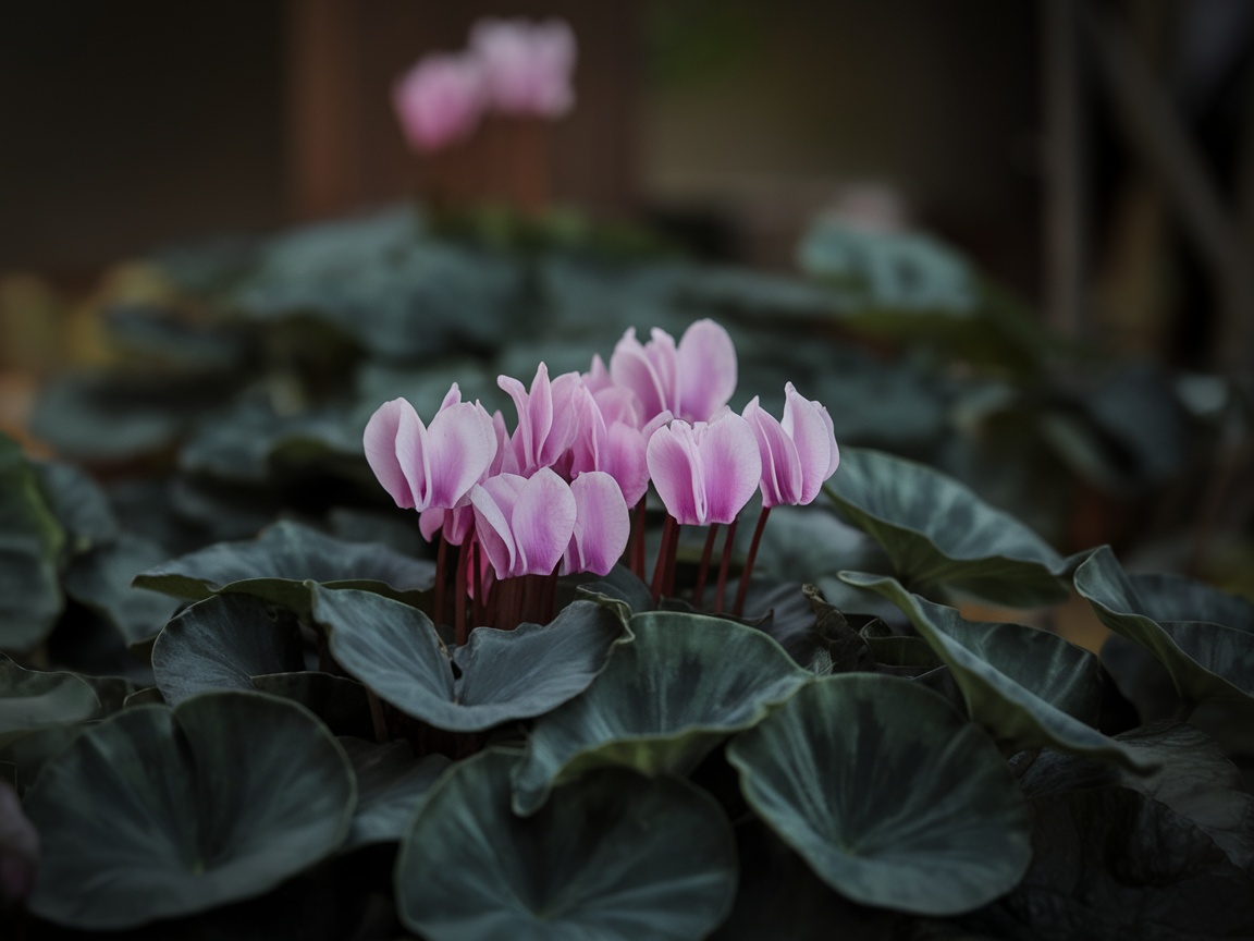 A cluster of pink cyclamen flowers surrounded by dark green leaves.