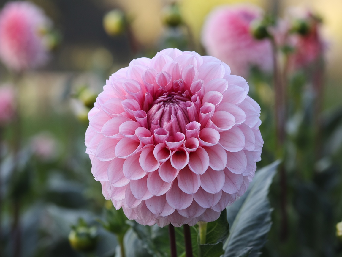 A beautiful pink Dahlia flower, showcasing its rounded petals and vibrant color against a blurred background of green foliage.