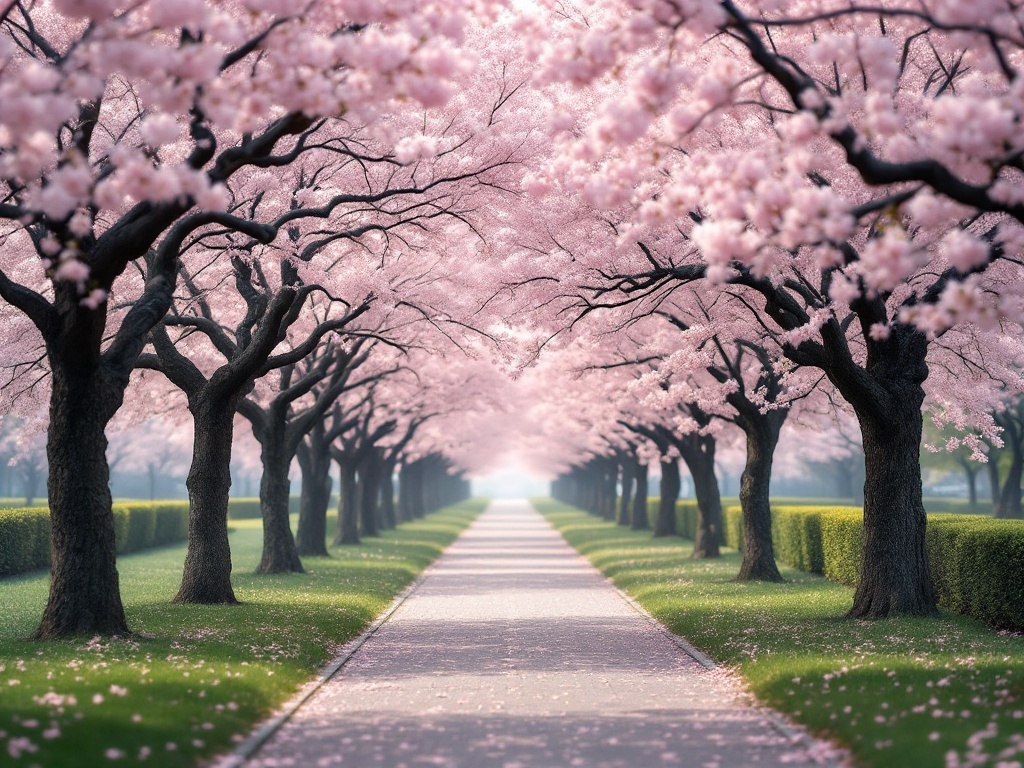 Pathway lined with cherry blossom trees, creating a beautiful canopy of pink flowers.