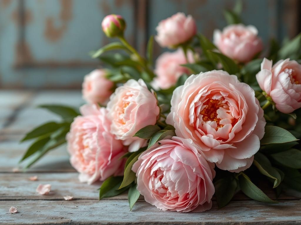 A beautiful arrangement of pink peony flowers on a wooden surface.