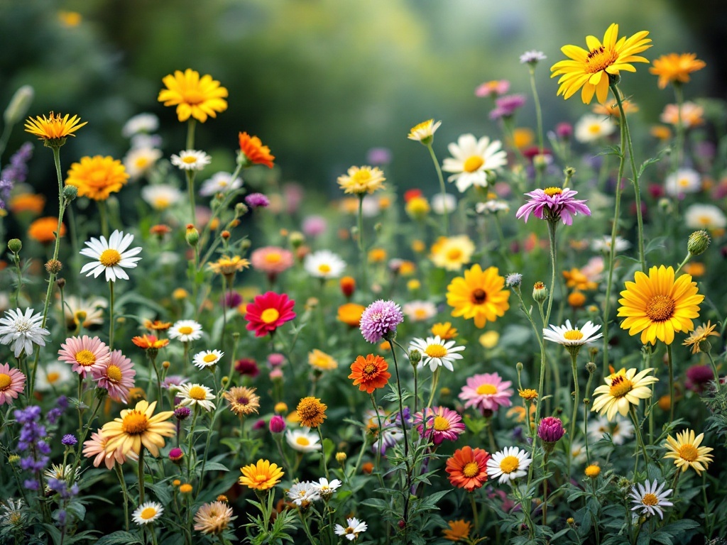 A vibrant wildflower meadow filled with a variety of colorful flowers.