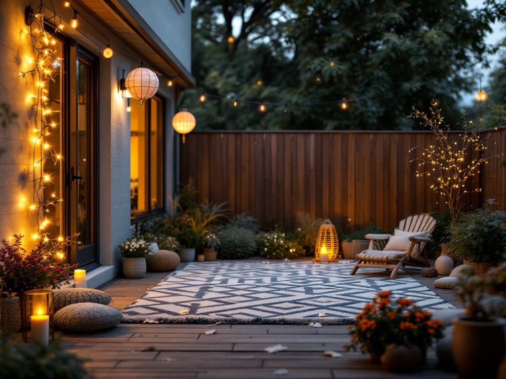 A beautifully decorated patio with string lights, lanterns, plants, and a cozy seating area.