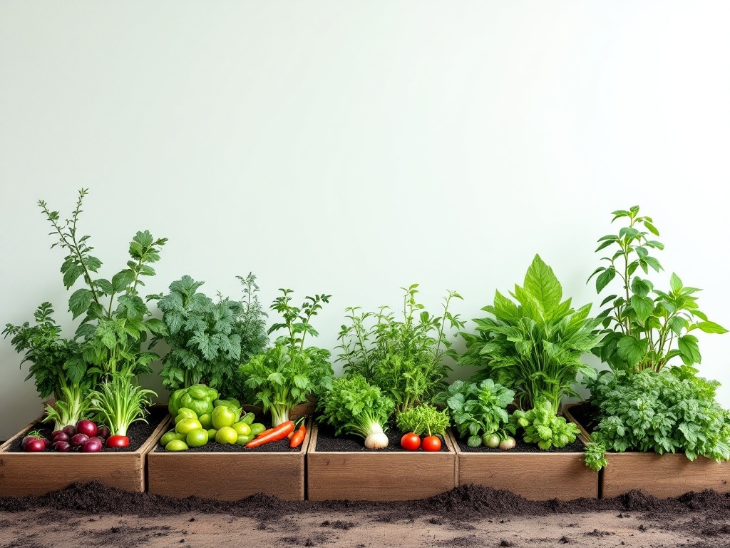 Raised garden beds with various vegetables and herbs