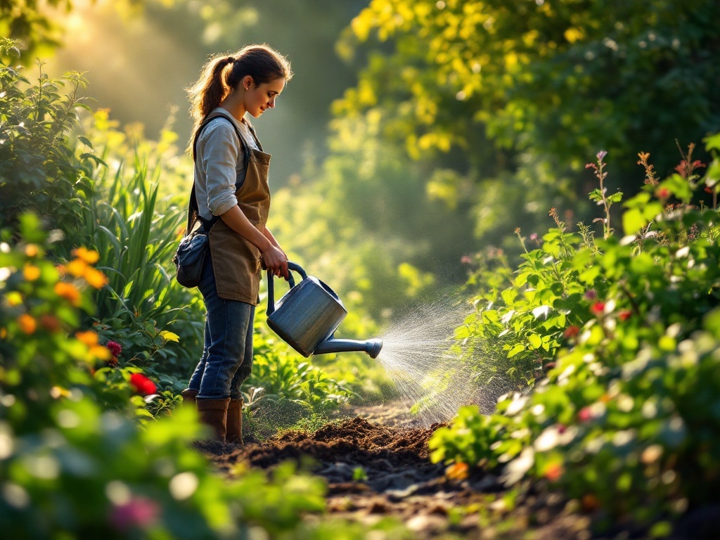 A person watering a garden with a watering can