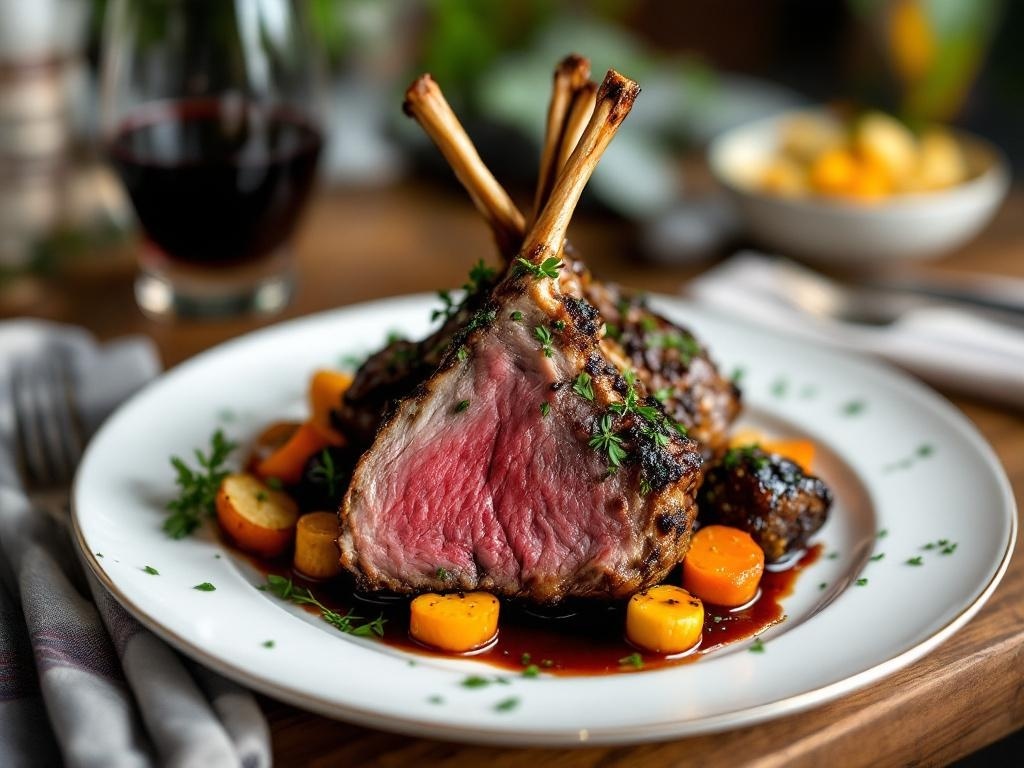 A beautifully plated herb-crusted rack of lamb with roasted vegetables and a glass of red wine in the background.