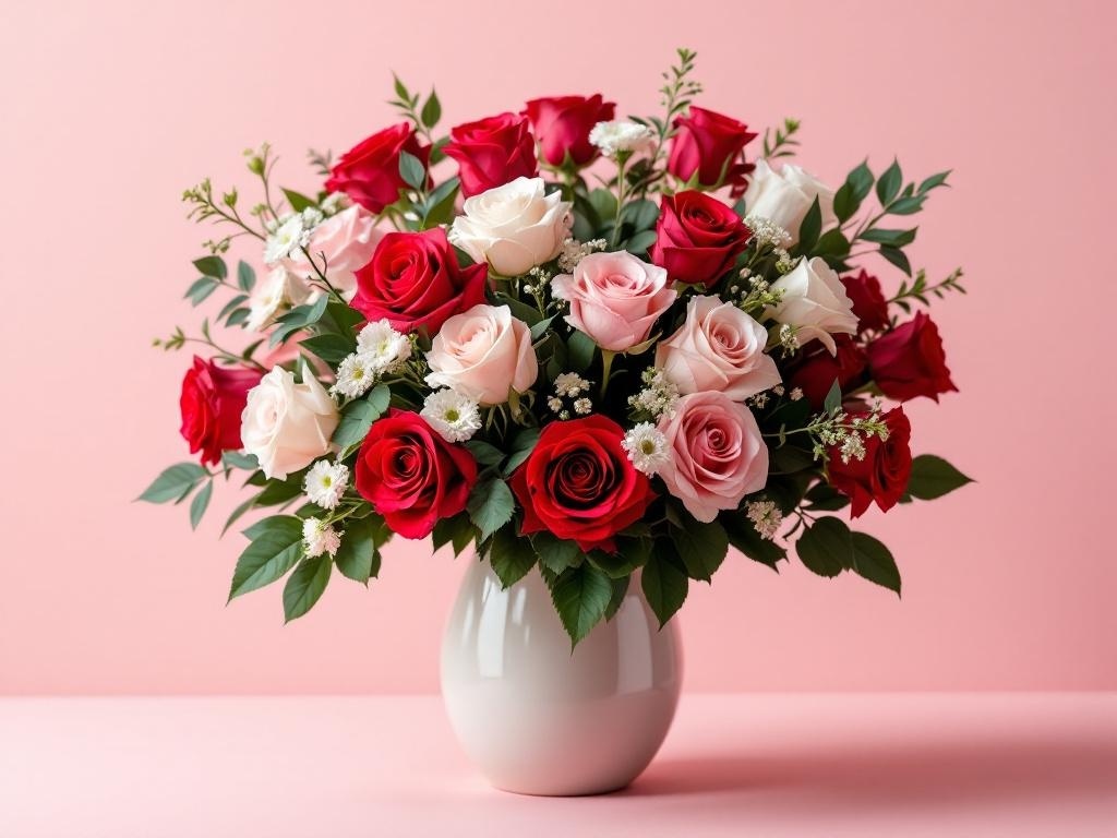 A beautiful bouquet of red and pink roses in a white vase against a pink background.