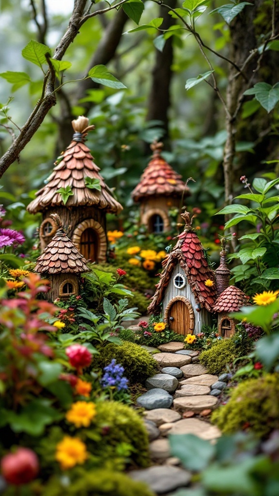 A charming display of miniature fairy houses surrounded by colorful flowers and greenery.