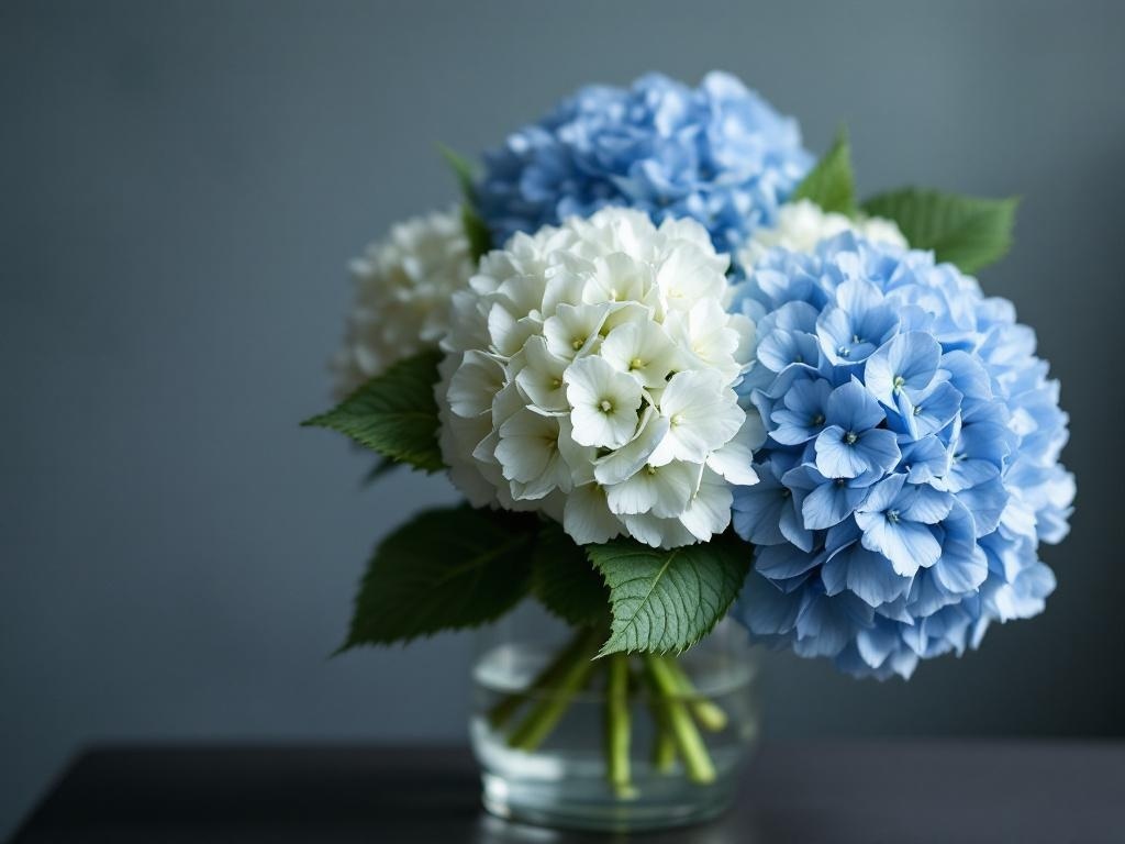 A beautiful bouquet of blue and white hydrangeas in a glass vase.