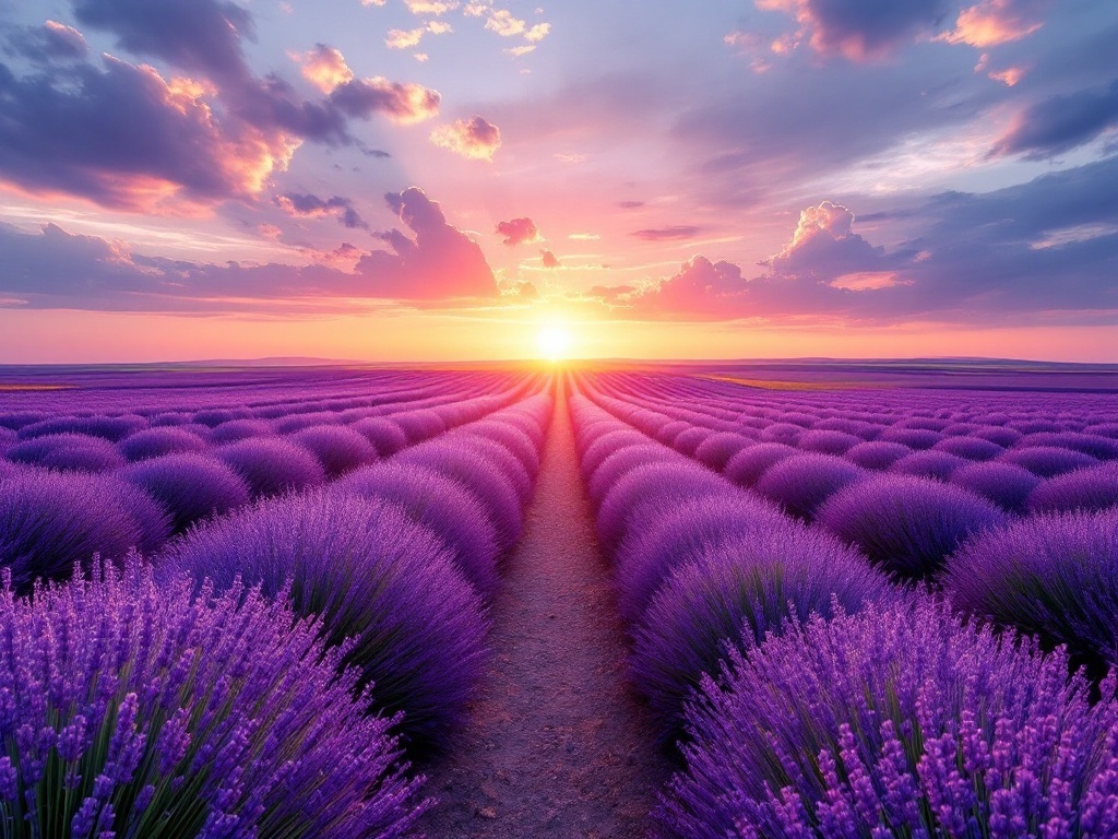 Lavender fields at sunset showcasing vibrant purple flowers under a colorful sky.
