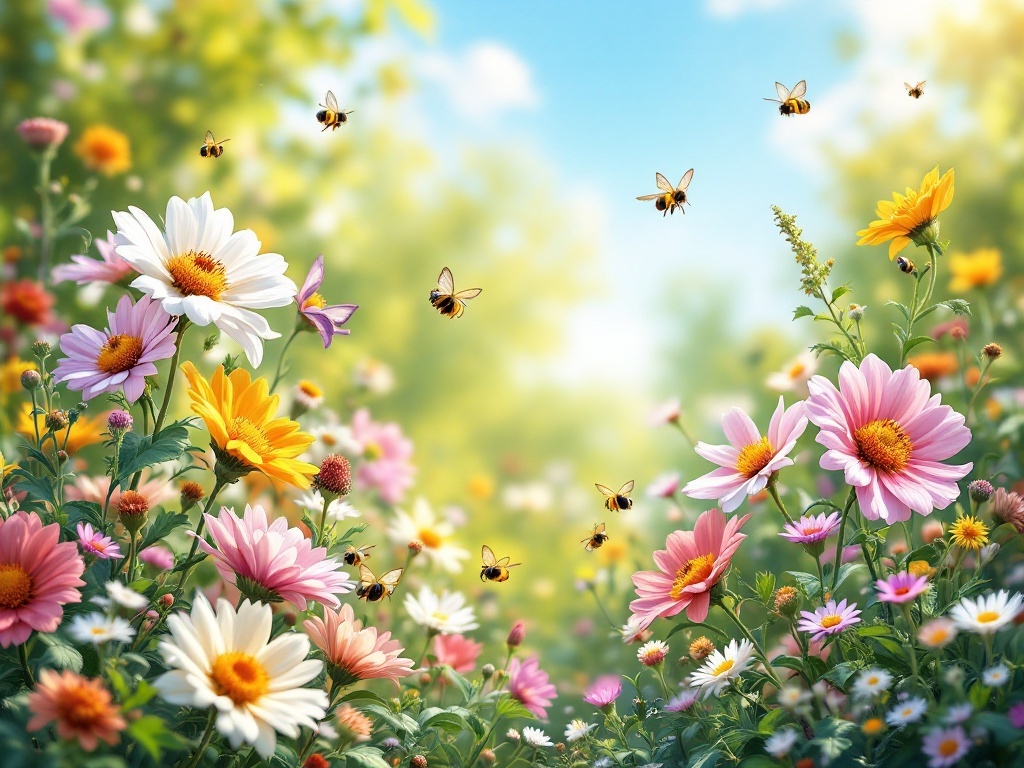 A colorful garden filled with daisies and sunflowers, buzzing with bees and butterflies.