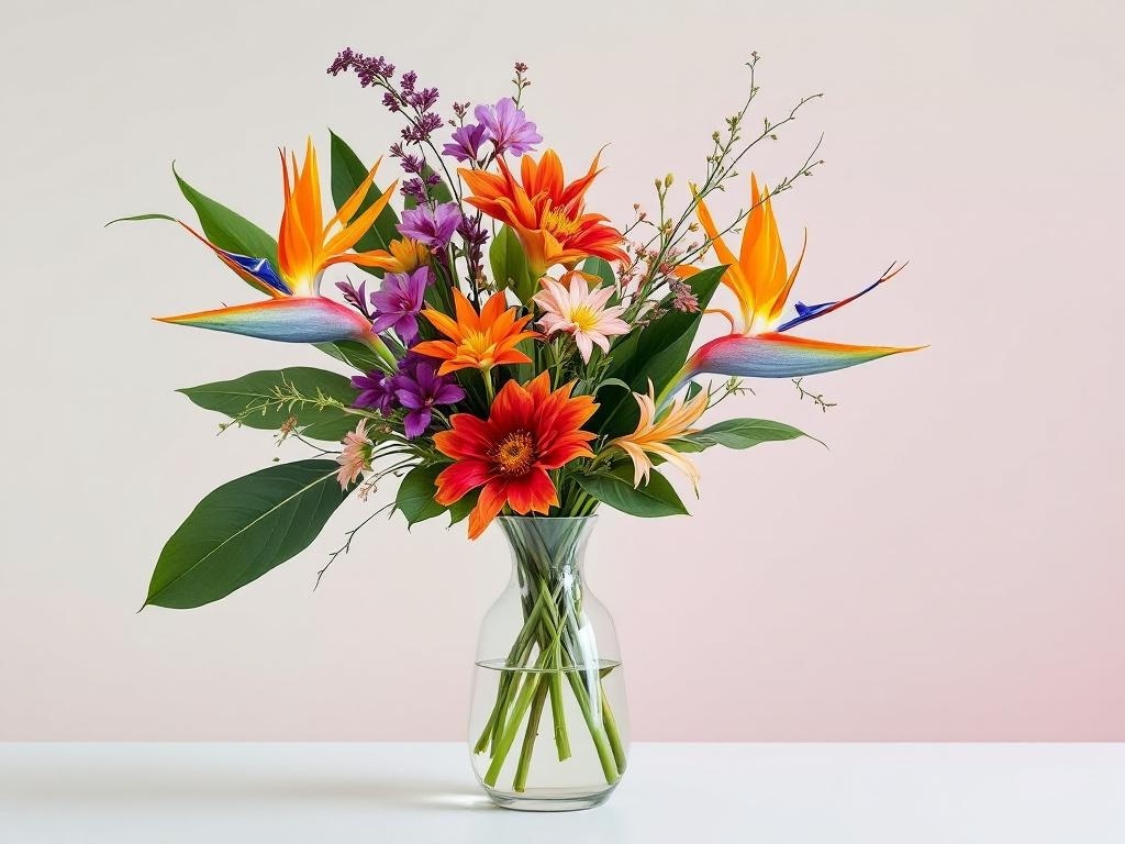 A vibrant bouquet featuring Bird of Paradise flowers among other colorful blooms.