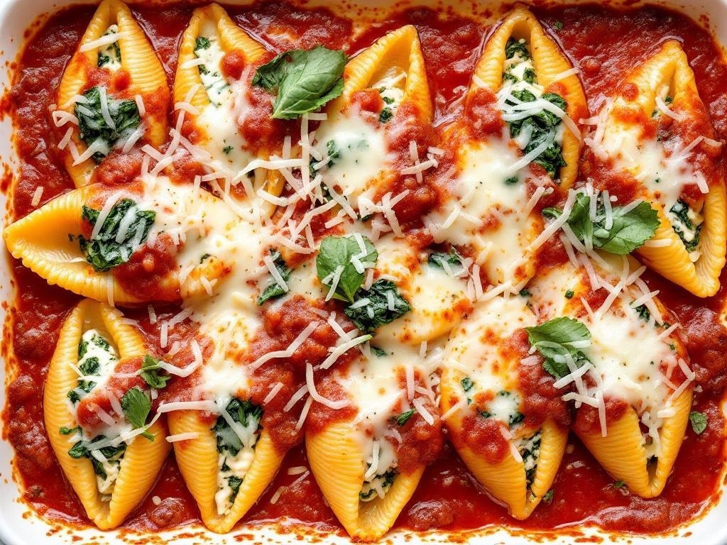A dish of spinach and ricotta stuffed pasta shells topped with marinara sauce and cheese.