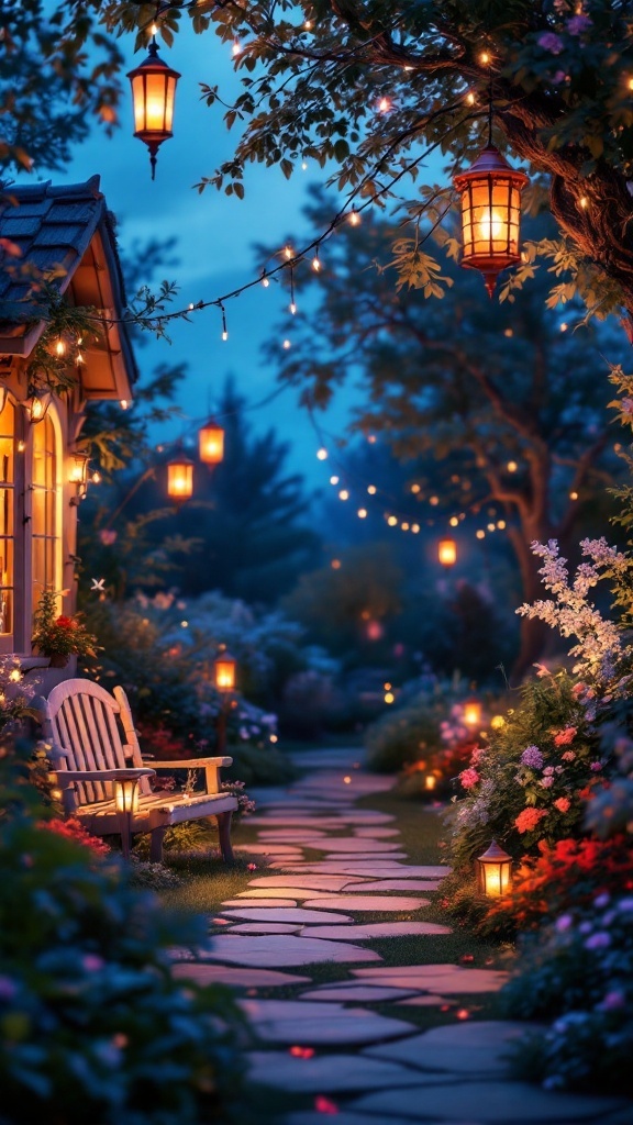 A beautifully lit path in a fairy garden, featuring lanterns and string lights among lush flowers and greenery.