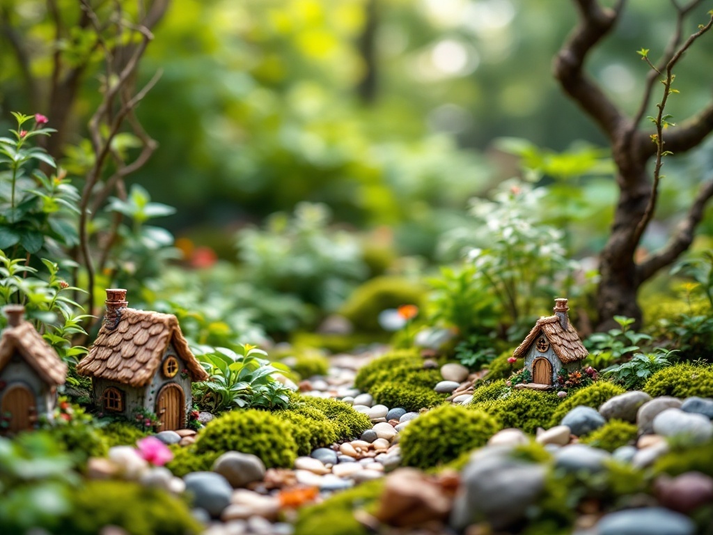 A vibrant fairy garden with miniature houses surrounded by greenery and stones.